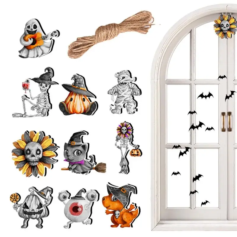 

Mini Halloween Ornaments Wood Hangings Ornaments DIY Hangings Wood Signs With Ropes 5mm Thickness Small Christmas Tree Decor