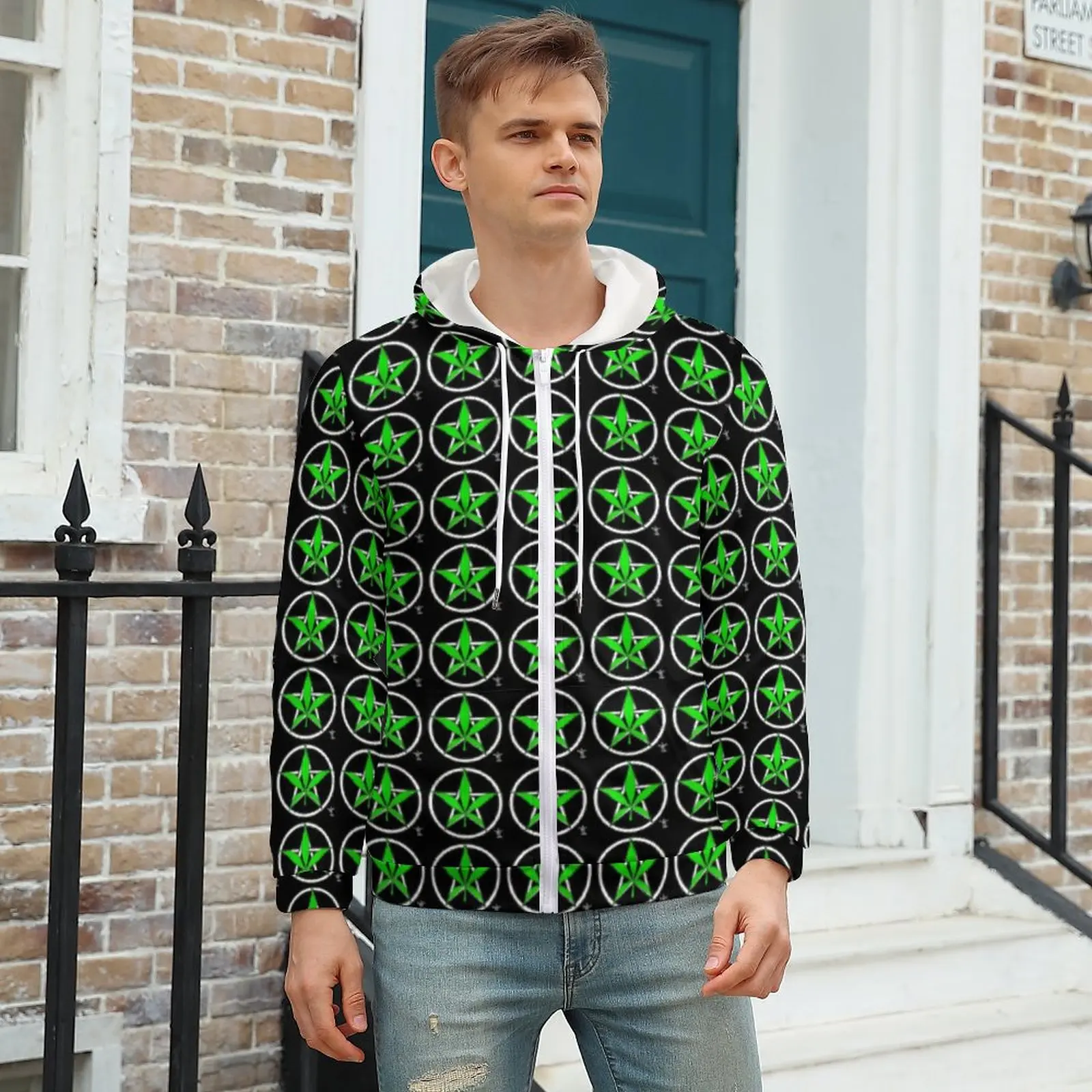 

Weed Leaves Zipper Hoodies Greenleaf Pentagram Cute Pullover Hoodie Men Long Sleeve Oversize Street Style Design Casual Tops