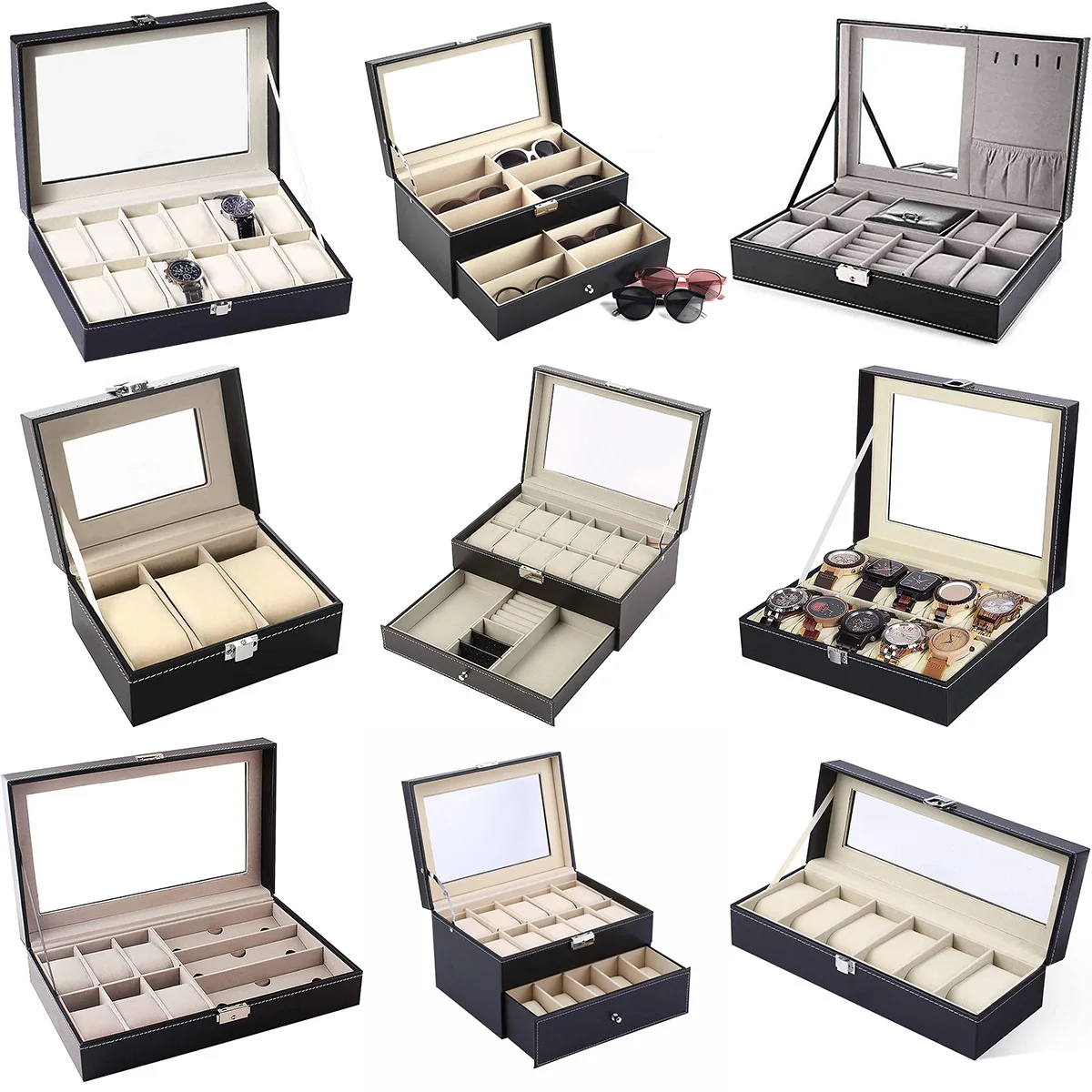 

6/10/24 Grids Pu Leather Watch Box Watches Display Case Jewelry Storage Organizer With Lock Watch Holder Women Men Gift Supplies