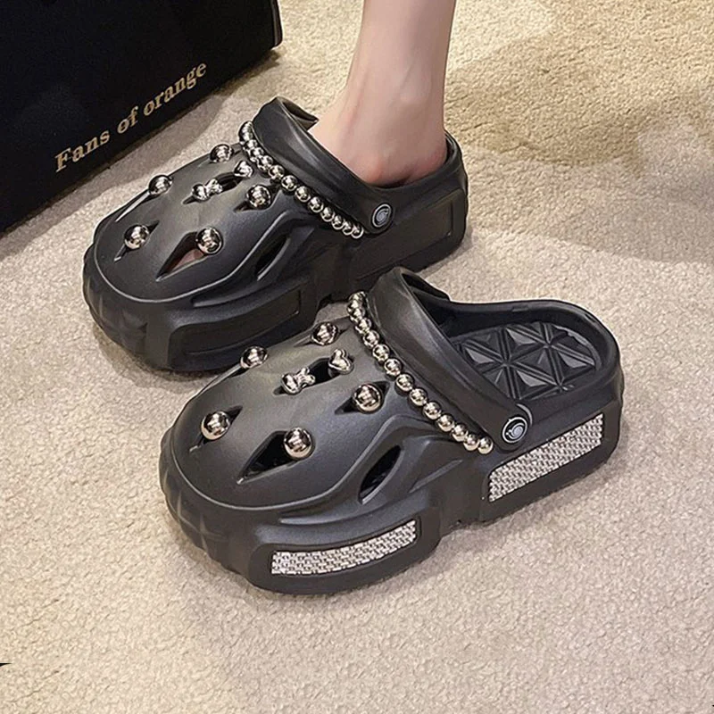 Mo Dou Women's Sandals Thick Soft Home Slippers Non-slip Outdoors Cool Chain Fashion Cozy Slides Easy Washing Breathable Cut-out