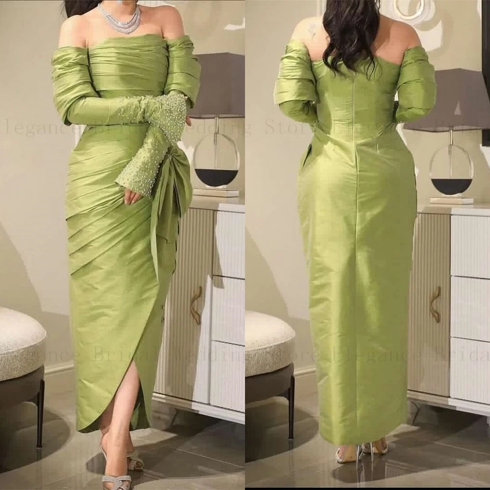 

Модные Зеленые атласные платья с открытыми плечами для выпускного вечера, женское официальное платье до пола с длинным рукавом и юбкой-годе, платья