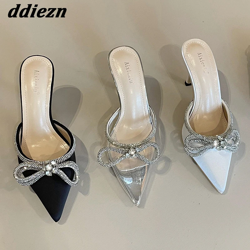 

2023 прозрачные стразы, женские блестящие сандалии, модные женские туфли-лодочки с бантом-бабочкой