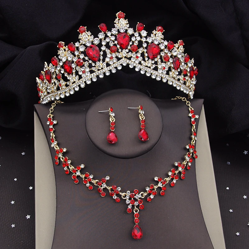

Luxury Red Bridal Jewelry Sets For Women Pageant Crown Necklace Earring Wedding Dress Bride Jewelry Sets Costume Accessories