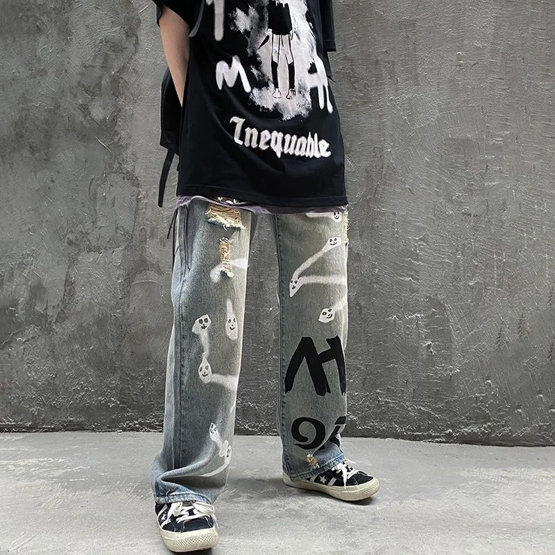 DEEPTOWN Ripped Graffiti Jeans Men Hip-hop Denim Pants Loose Straight Trousers Male All-match Streetwear Casual Fashion Blue