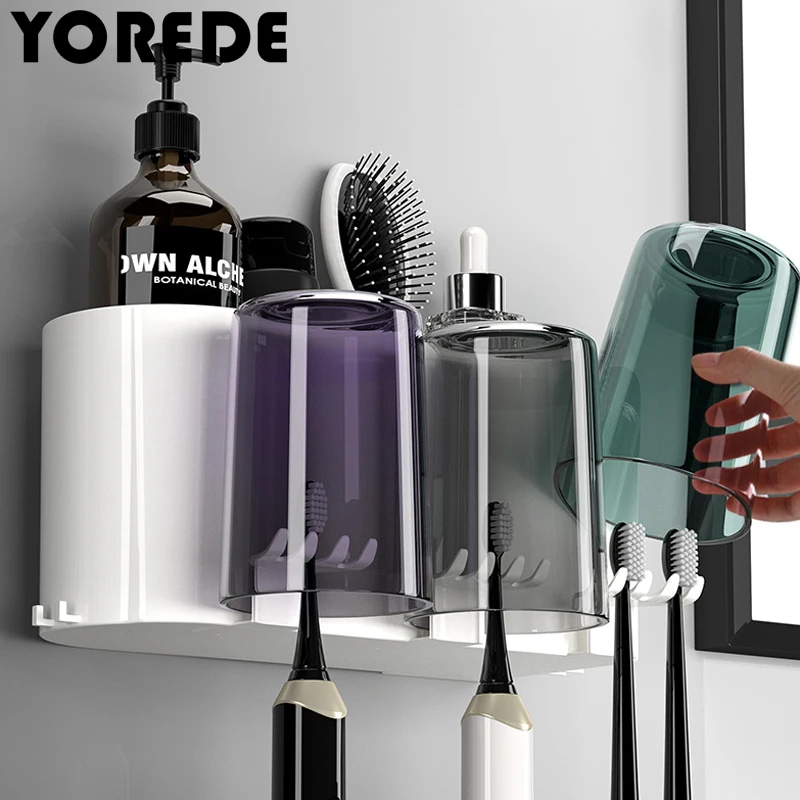 

YOREDE Wall Toothbrush Holder Cup Holder Storage Rack Toothpaste Squeezer Home Bathroom Accessories Storage Organizer For Home