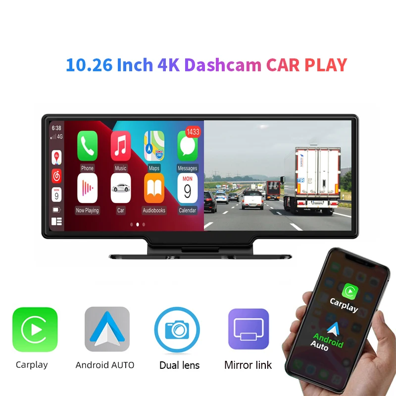 

Автомобильный видеорегистратор Apple Carplay, камера заднего вида с поддержкой bluetooth, GPS навигатора, Aux, 4k, с камерой заднего вида, с приложением для...