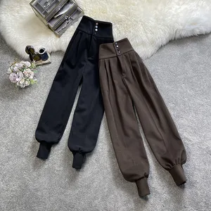 Imported Spring Autumn Women Long Casual Harem Pants Korean Style Fashion High Waist Buttons Khaki Black Carg