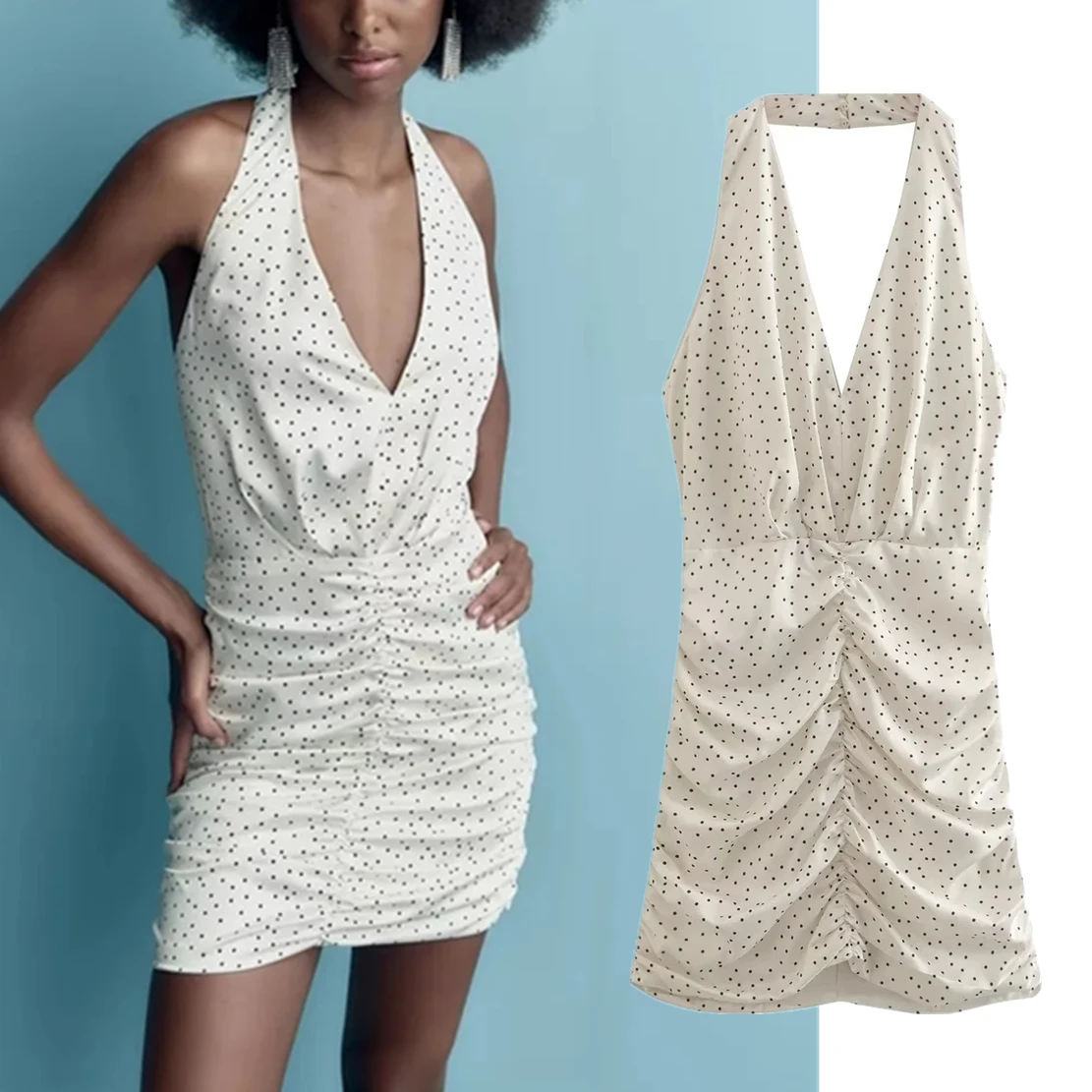 

Jenny&Dave 2022 Ins Fashion Blogger Halter Sexy Polka Dot Satin Pleated Sexy Mini Dress Women
