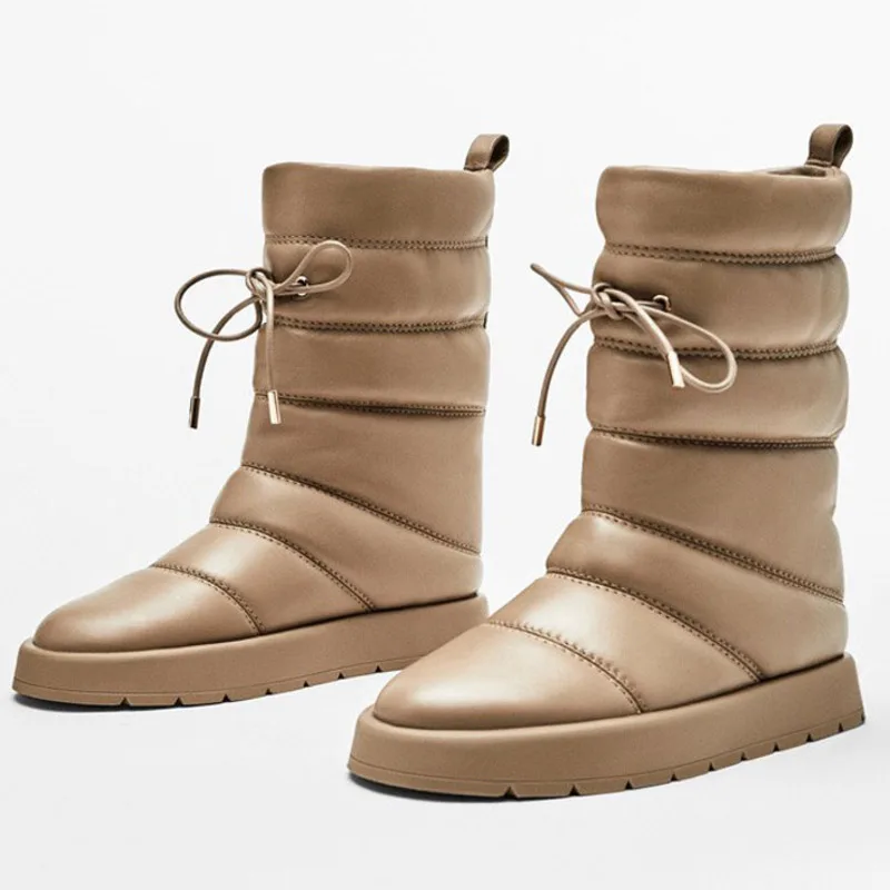 

2023 New Winter Women Fashion Genuine Leather Flat Thickening Warmth Snow Boots Simple Solid Casual Shoes Female Chic Round Head
