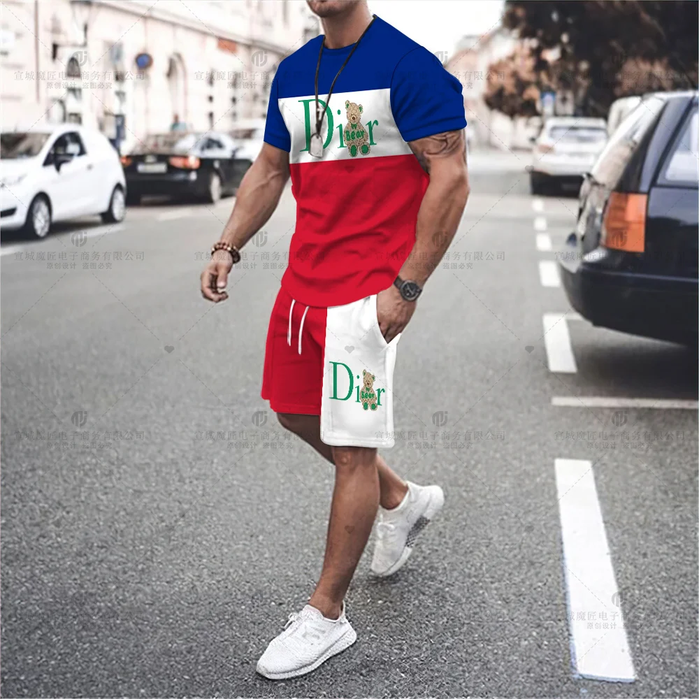 Men's T-shirt Set Brand Teddy Bear Print Summer Fashion Tops Design Tops Shorts Loose Loose Breathable Quality Clothes