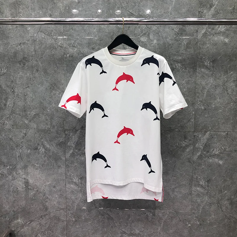 TB THOM Top Women 2022 Summer Luxury Brand Men T-shirt Cotton Colorful Dolphin Pattern Blouses Casual Harajuku Kawaii T-shirts