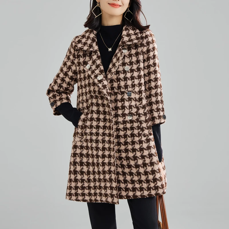 

Пальто в клетку, женские шерстяные куртки с рисунком «гусиные лапки», новое женское осенне-зимнее пальто, утепленные шерстяные теплые пальто средней длины