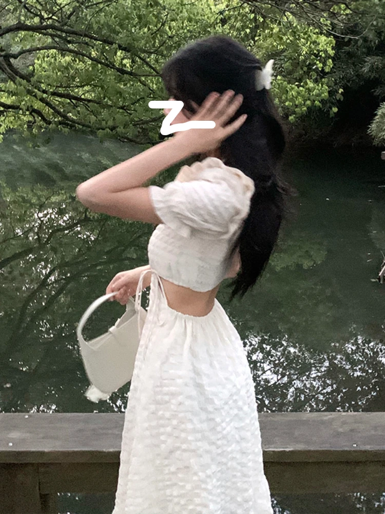 

2022 Autumn Backless Party One Piece Dress Korean Women Fairy Pure Color Midi Dress Female French Elegant Short Sleeve Y2k Dress