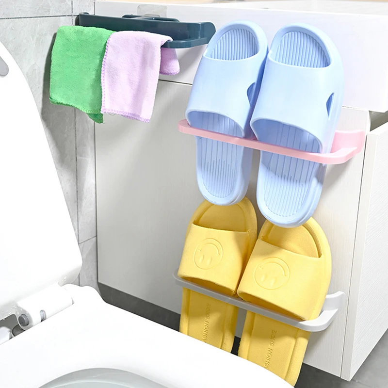 

Wall Mounted Bathroom Draining Slipper Rack No Punching Toilet Storage Rack Plastic Towel Sundries Storage Hook Household