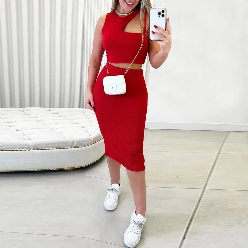 

Женский Асимметричный комплект из двух предметов, повседневный однотонный топ без рукавов с высокой талией и юбка, лето