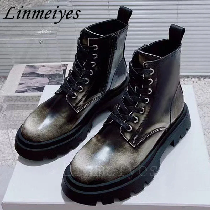 

Женские ботильоны из натуральной кожи, на шнуровке, с круглым носком