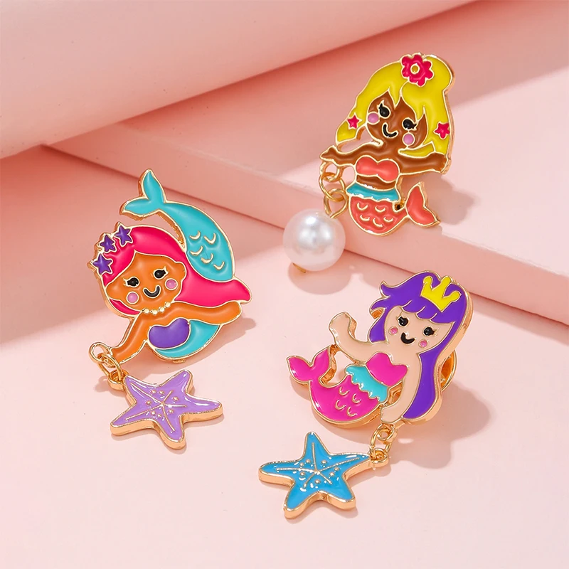 

3pcs/set Cartoon Mermaid Shape Brooch Pins Buttons with Starfish Charm for Backpack Clothing Kids Girl Jewelry Gifts