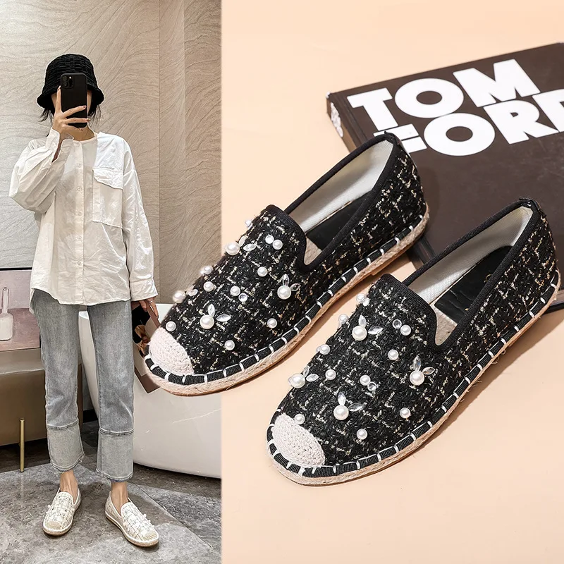 

Summer Women's Flat Fisherman Shoes Round Toe Straw Loafers Fashion White Flats Shoes Ladies Shoes and Sandals Plus Size 43