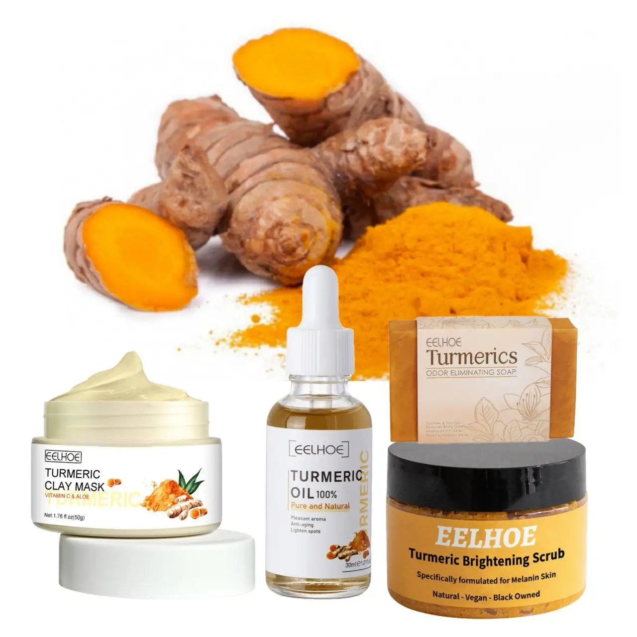 

4pcs Turmeric Clay Body Care Set Vitamin C Deep Cleansing Brighten Refining Pores Oil-Control Acne Treatment Skin Tone Beauty