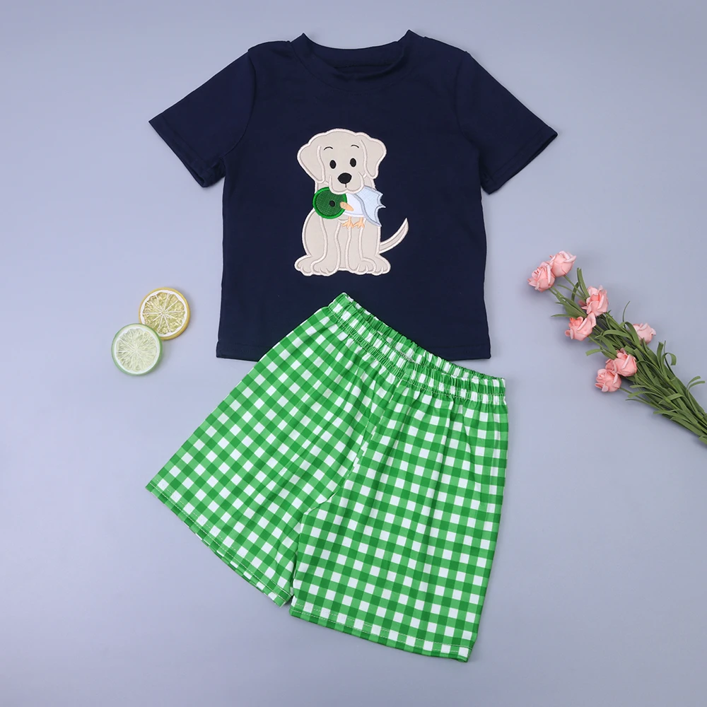 

Baby New Kids Cotton Short Sleeved Black T-shirt Set Round Neck Puppy Embroidery Boy Top Clothes And Green Lattice Shorts Suit