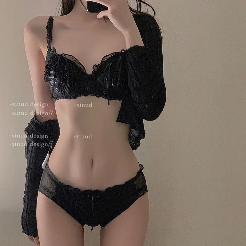 White Sweet Girl French Court Lolita Lace Push Up Bra Gathered Thick No Steel Ring Underwear Sets Cute Bra Set Kawaii Ruffles