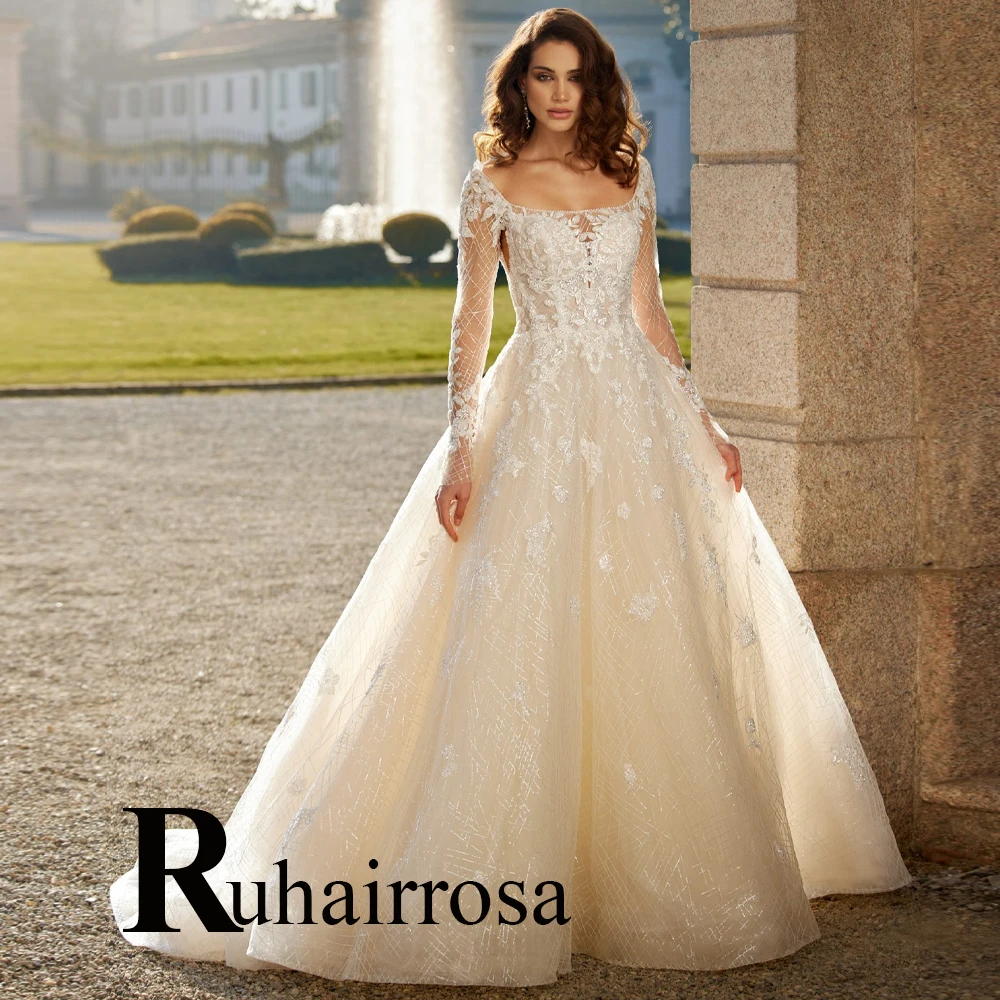 

Ruhair Princess Luxurious Square Collar Beads Sequined Detachable Long Sleeves Wedding Gown For Bride Custom Made Robe De Mariée