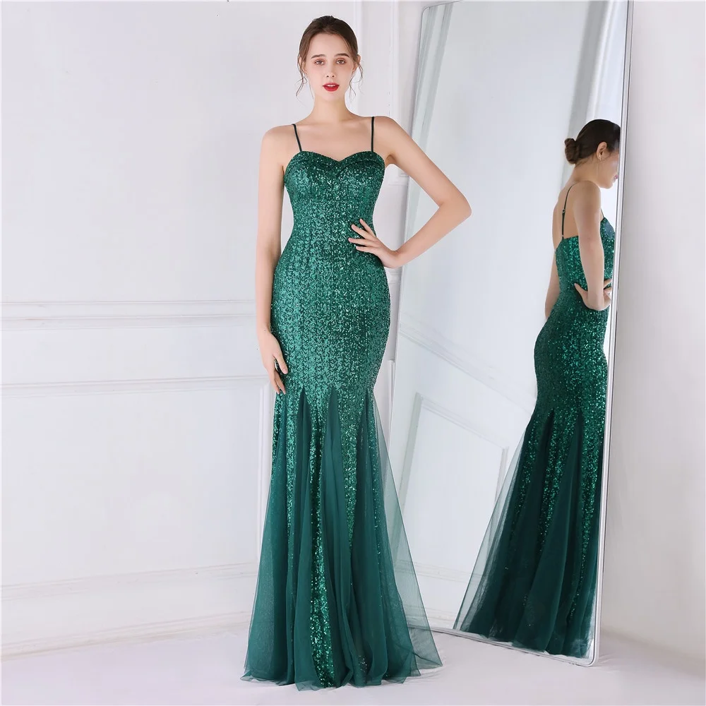 Women Elegant Mermaid Strappy Sling Sleeveless Sequins Maxi Long Dress Host Party Gowns