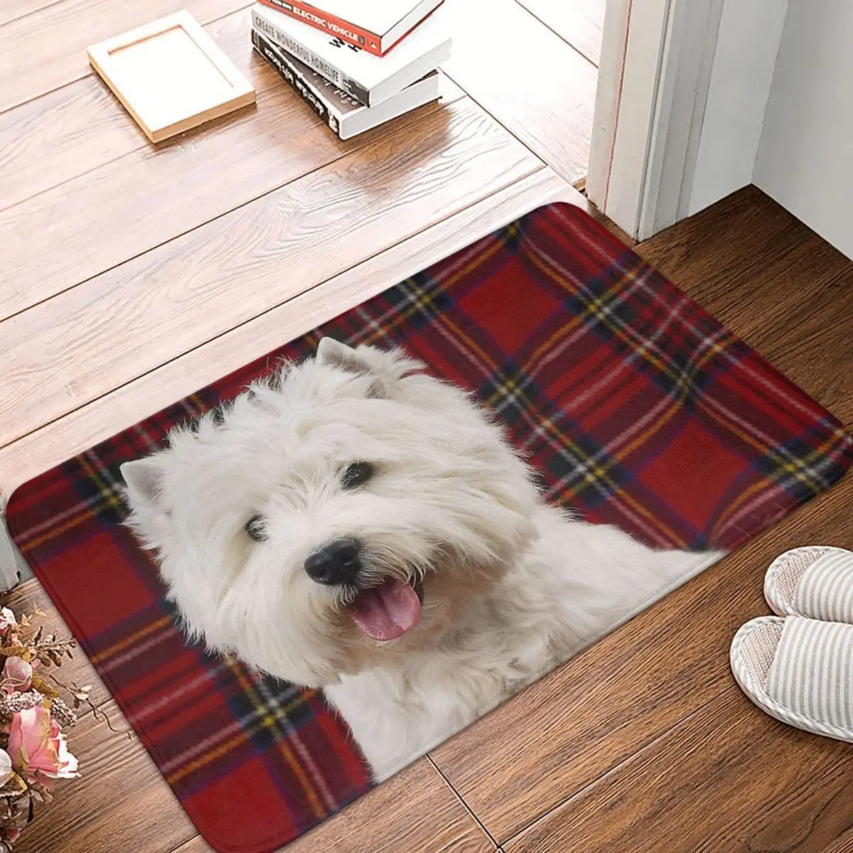 

West Highland Dog Non-slip Doormat West Highland White Terrier On A Scotch Plaid Living Room Kitchen Mat Outdoor Carpet Indoor