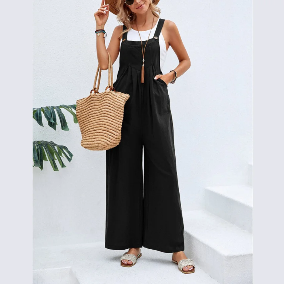 Jumpsuits for Women Summer Casual Strap Pants Solid Cotton Pockets Wide Leg Overalls Playsuit