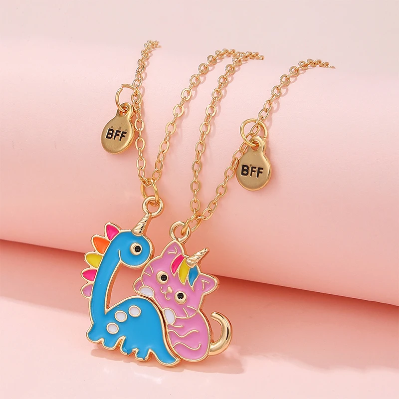 

2PCS/set Cartoon Cute Dinosaur Cat Pendant Girl Best Friends BFF Necklace Friendship for Children's Jewelry Gift New Arrival
