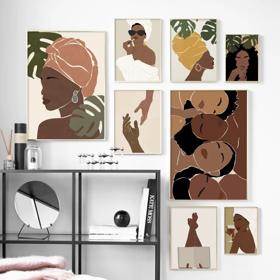 Модный хиджаб девушка монстера лист винтажный настенный художественный холст