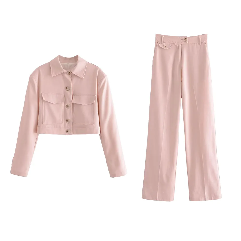 

Женский костюм с коротким рукавом и прямыми брюками, повседневный шикарный костюм в стиле ретро с карманами на пуговицах, Новинка лета 2023