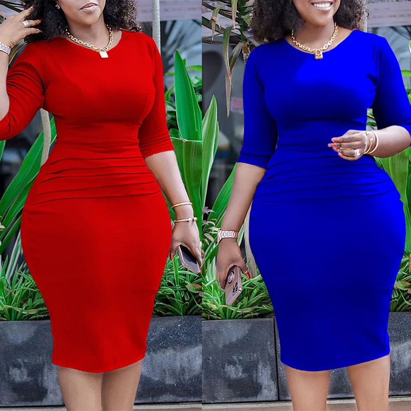 

Autumn Fashion Elegant Pleated Waist Bodycon Dress Women Office Ladies Solid Color Slim African Plus Size Dress