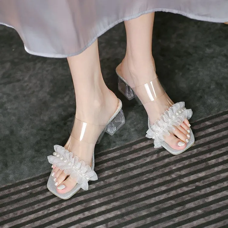 

Shoes Square heel Womens Slippers Outdoor Transparent Heel Med Lady Slides String Bead Block Girl PU Scandals Rome Rubber Retro