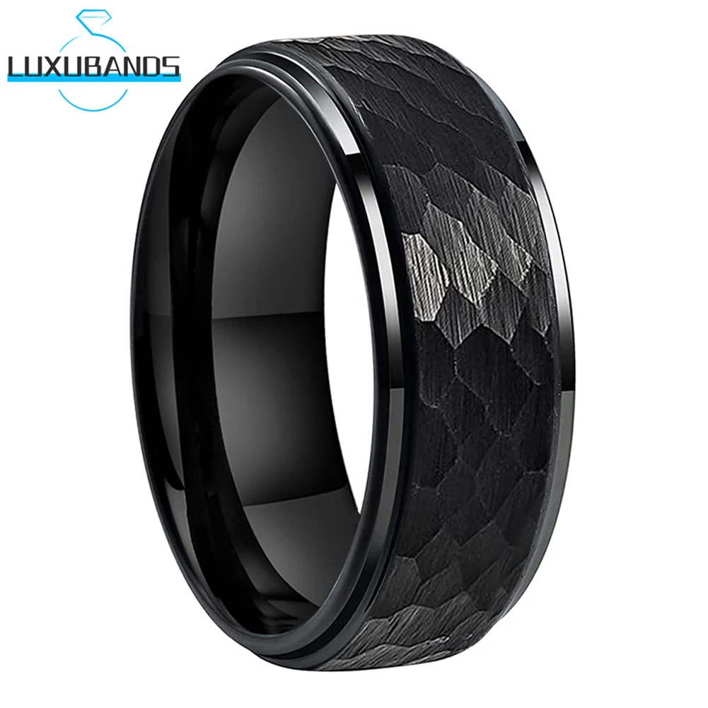 

Tungsten Carbide Ring Black Stepped Edges Flat Multifaceted Hammered In Stock 8mm 6mm For Men Wemen Brushed Finish Comfort Fit