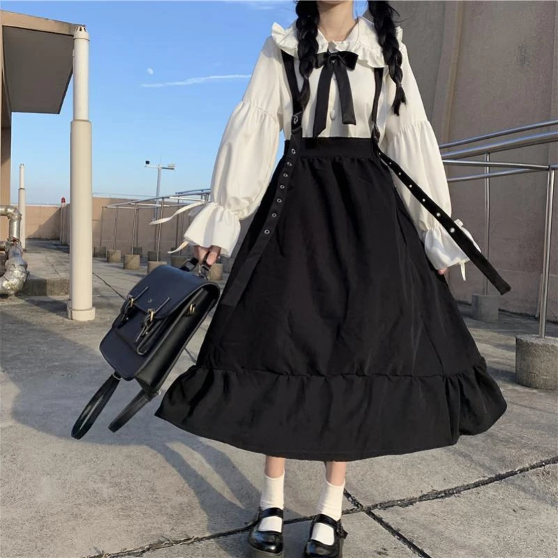 

Gothic Long Skirt Women Harajuku Ruffle Strap Black Skirts High Waist Soft Girl Japanese Kawaii Streetwear Summer Faldas Clothes
