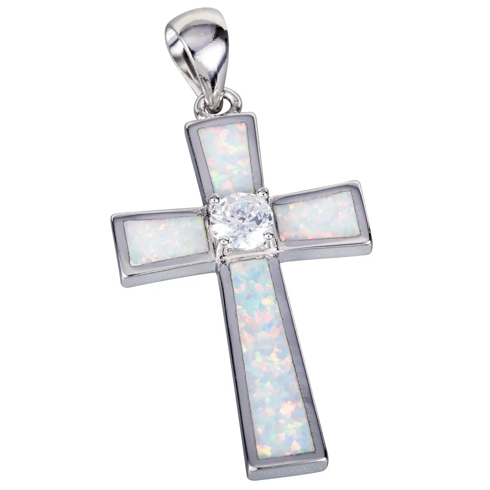 

KONGMOON Cross 5mm Round Clear CZ White Fire Opal Silver Plated Jewelry for Women Pendant for Necklace