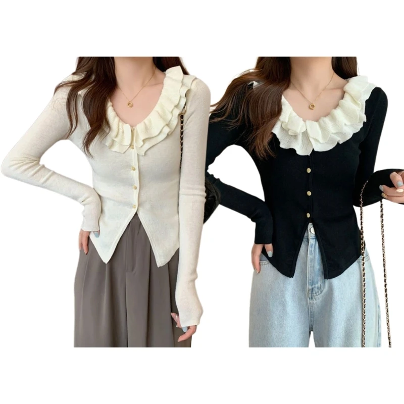 

652F French Cardigan Sweaters For Women Button Down Cardigan Ruffled Cardigan