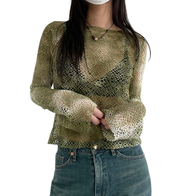 

Women Long Sleeves Crochet Tops Sexy Hollow out Knit Pullovers Smock Cover Up Fashion See Through Mesh Shirt Streetwear 57BD