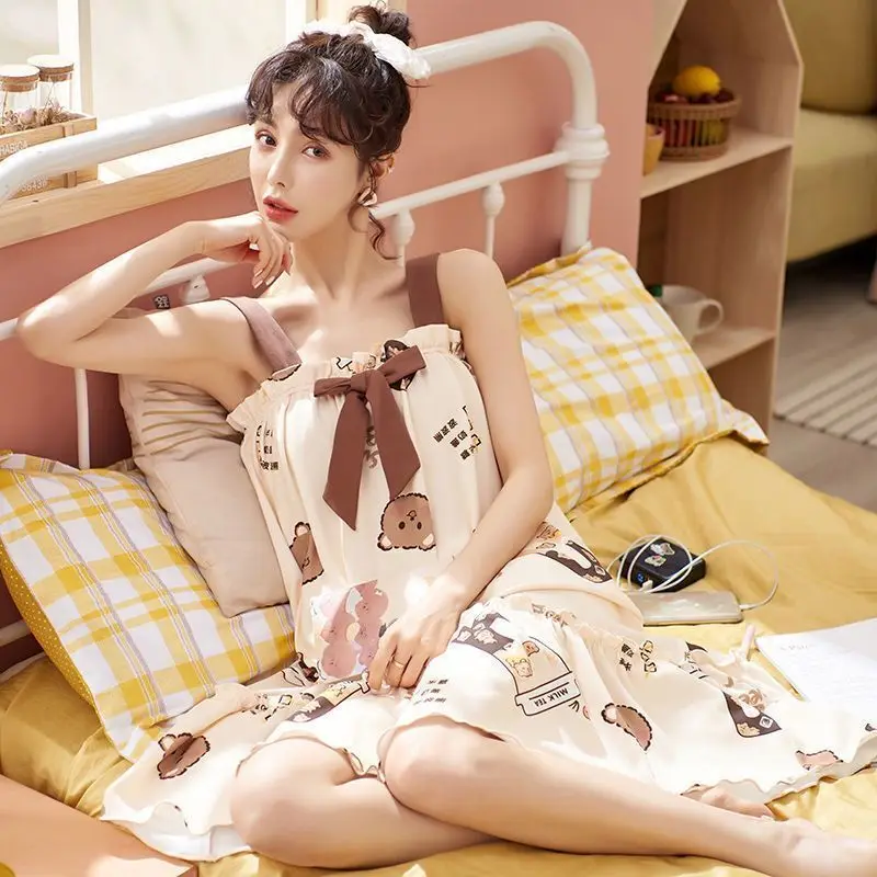 Pijamas Women Sleepwear Summer Camisolas Young Women's Home Clothing Sets Kawaii Bear Printing Soft Texture Cotton Pajamas Set