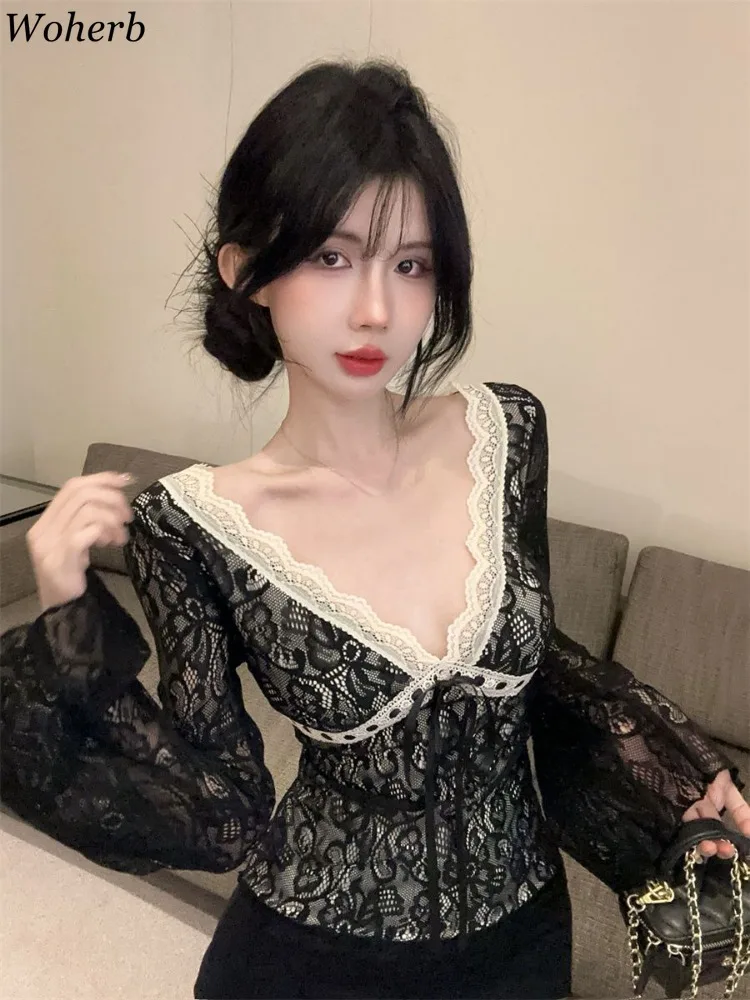 Y2k Сексуальные блузки для женщин Blusas De Mujer 2024 кружевные лоскутные рубашки с