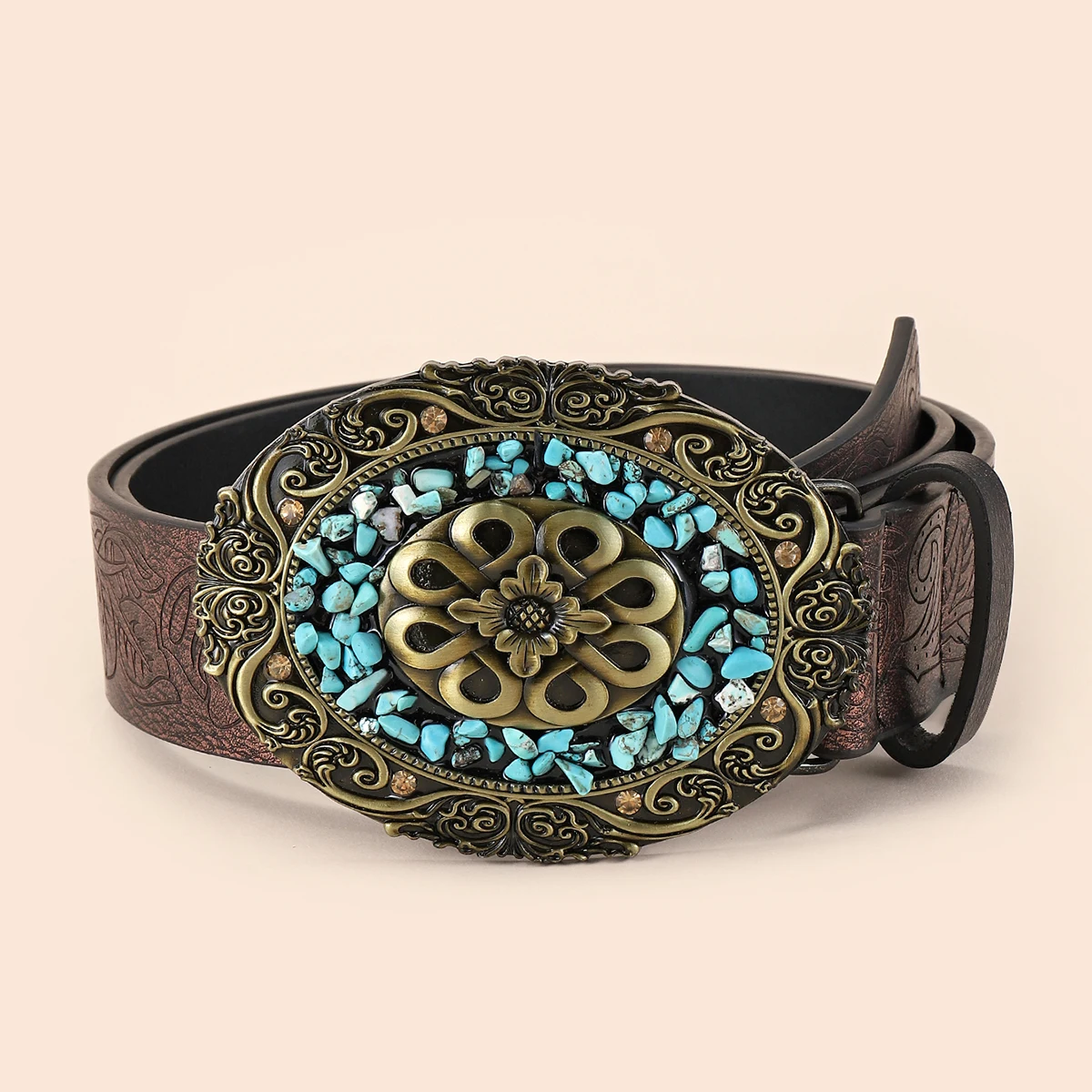 Fashion Debossed Floral Buckle with Turquoies and Stones Western Cowboy Jeans Belts for Women |