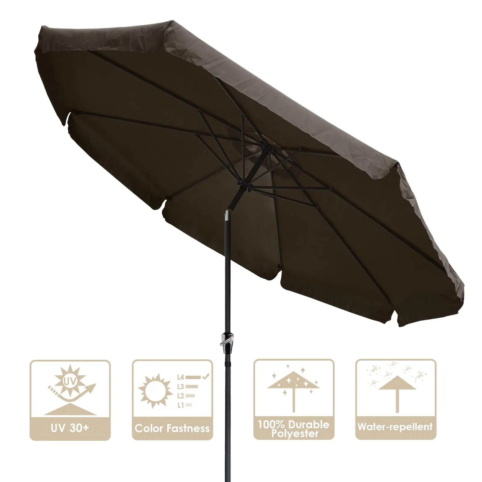 

10 Ft Polyester Fabric AL Tilt Umbrella with 8 ribs UV30+ Protection Chocolate