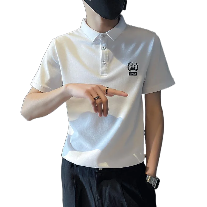 

Летняя мужская футболка-поло, рубашка с коротким рукавом, отложным воротником, рукавом до локтя, с вышивкой, модные брендовые простые универсальные повседневные топы