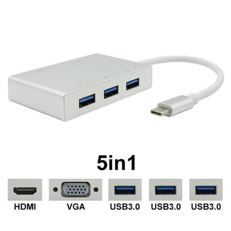 

USB C Type C To HDMI-compatible VGA USB3.0 Adapter 5 In 1 Converter for Apple Macbook Google Chromebook Laptop Notebook