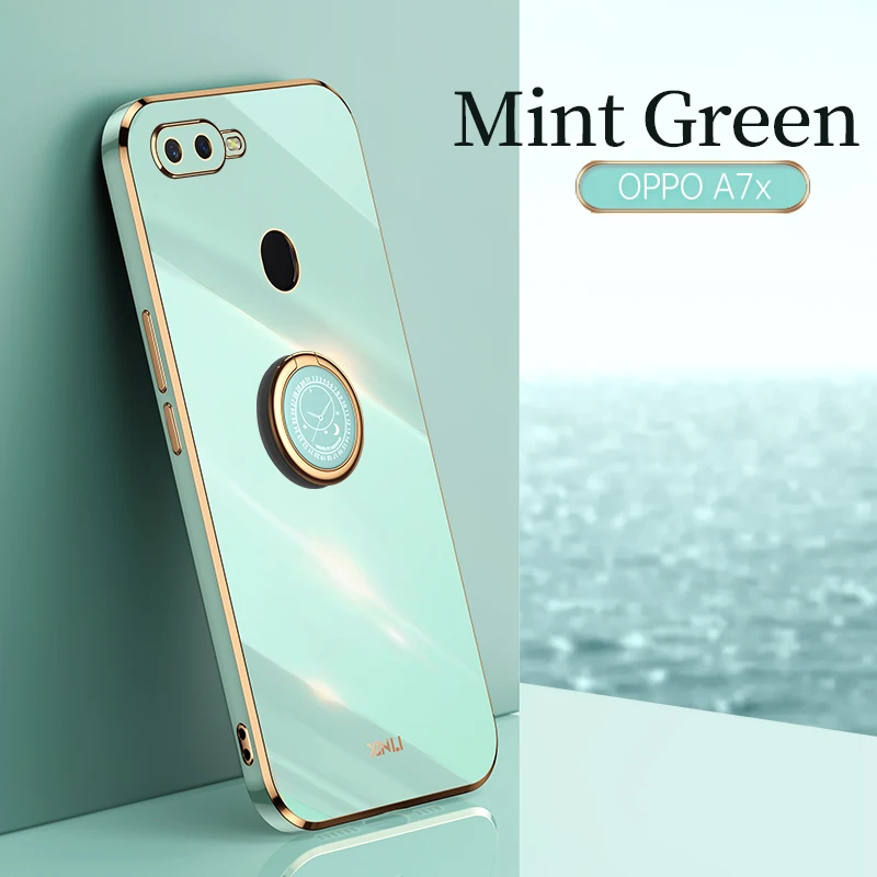 Plating Square Ring Holder Silicone Phone Case On For Oppo A7X a7x oppoa7x 2020 A7x Oppo phone case Luxury Stand Cover