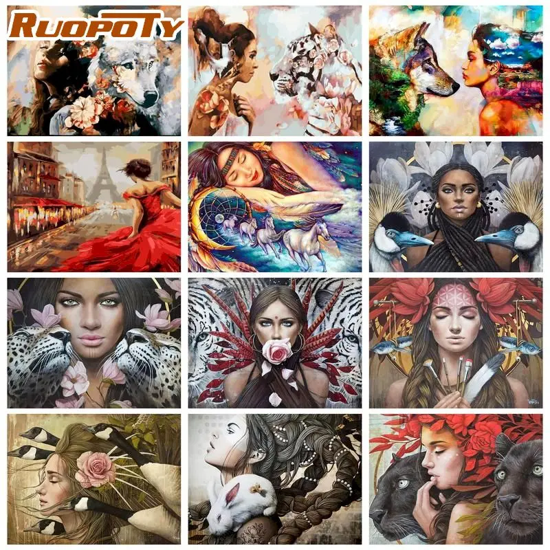 

RUOPOTY Oil Painting By Number Beautiful Girls And Animals With Frame Painting By Number Figure Painting Wall Art