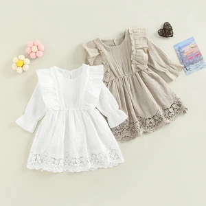 Bmnmsl Infant Girl Spring Lace Dress, Solid Color Round Neck Long Sleeve A-Line Dress Wedding Stage Costumes