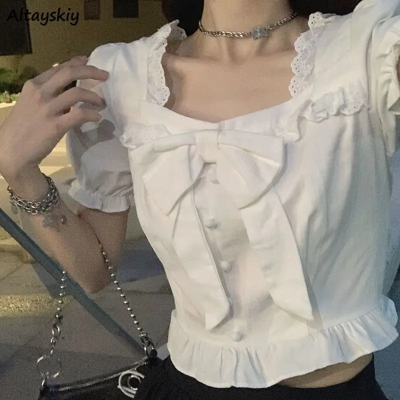 

Puff Sleeve Shirts Women Bow Design Sweet Kawaii Square Collar Fashion Slim Solid All-match French Style Elegant Casual Preppy