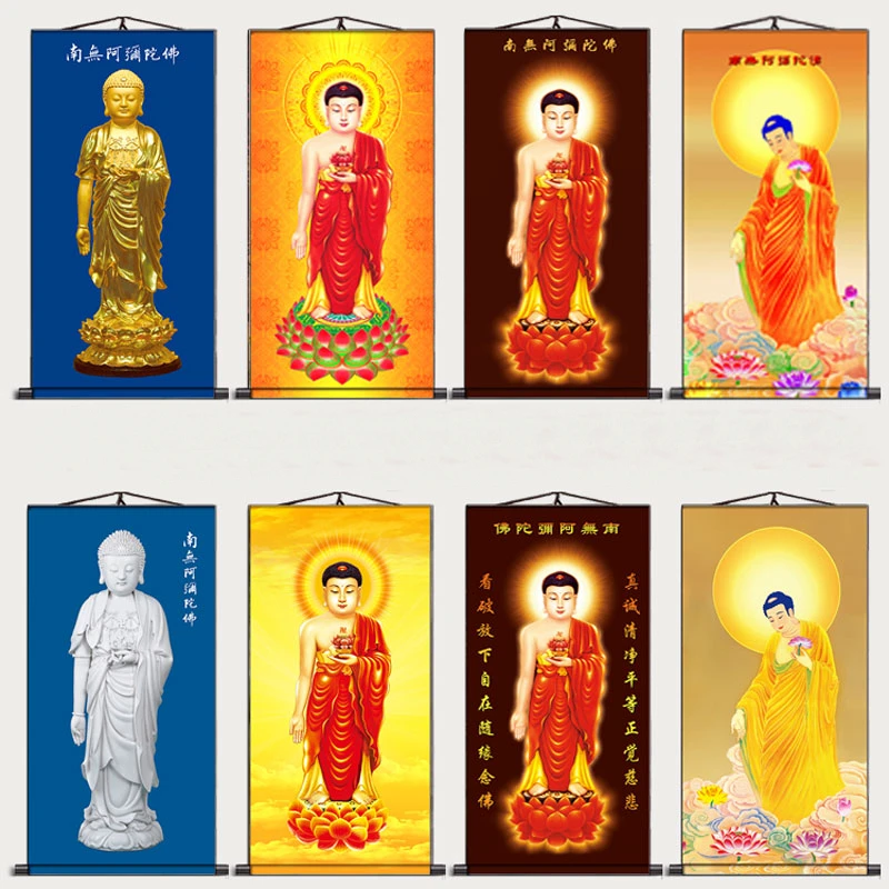 

Nanwu Amitabha Buddha portrait, three-dimensional Sakyamuni, Donglin Buddha, western three saints, scroll, silk, decorative pain